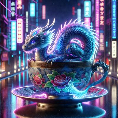 The primary subject of the image is a dragon sitting inside a cup. The dragon is blue and purple, and it appears to be a digital art or illustration. The setting is a city street at night, with a neon sign visible in the background. The visual style is artistic and creative, with the dragon being the main focus of the image. The colors and mood of the image are vibrant and lively, with the dragon's colors and the neon sign creating a unique and capt